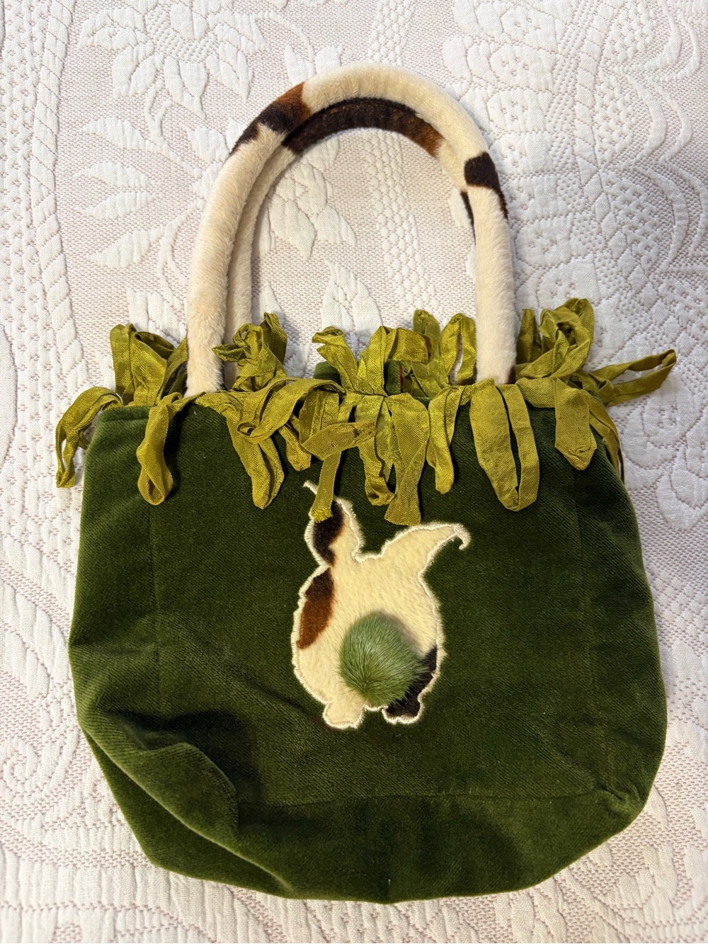 Discontinued Susie Stern "Cowbunnies" Green Velvet Bunny Appliqué Tote Bag EUC - Picture 2 of 9